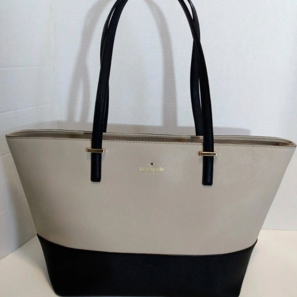 Kate Spade large leather tote shoulder bag purse, tan black colorblock, zip